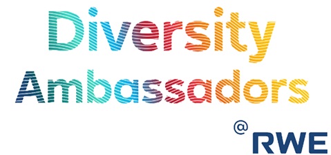 Textgrafik mit den Worten 'Diversity Ambassadors @ RWE' in bunten, gestreiften Buchstaben.