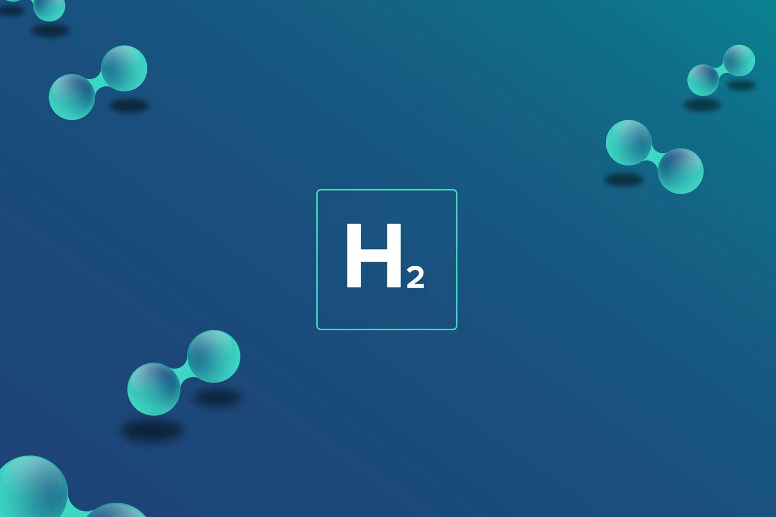 Ein stilisiertes Bild von Wasserstoffmolekülen mit der Formel H2 in der Mitte, vor einem blauen Hintergrund.
