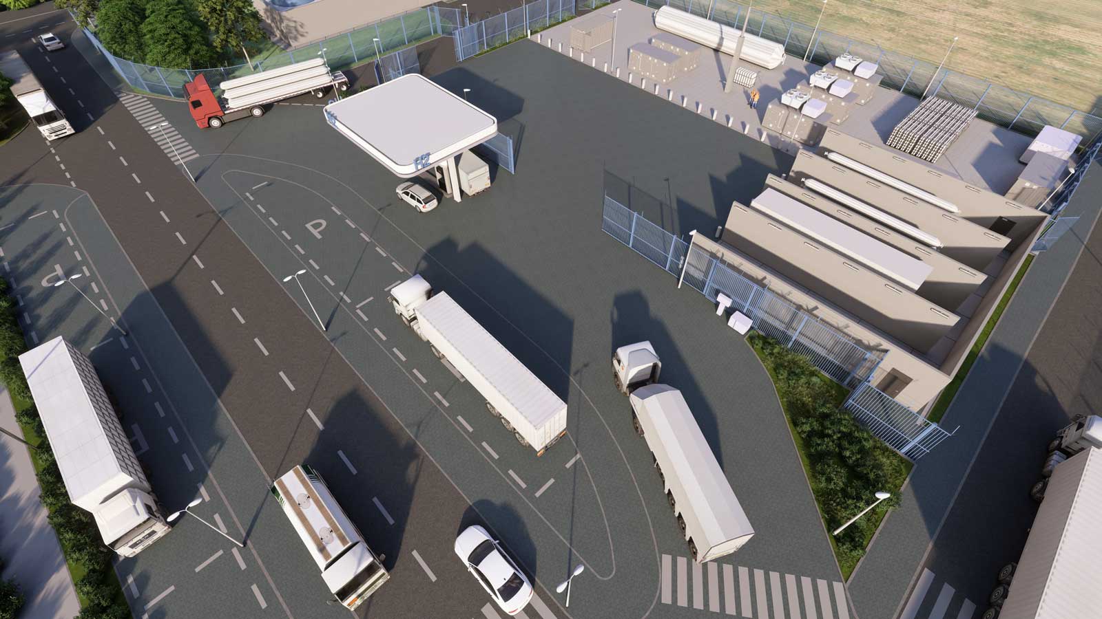 Luftaufnahme eines Lkw-Parkplatzes mit Tankstelle und Lagereinrichtungen, umgeben von Zäunen und Straßen.
