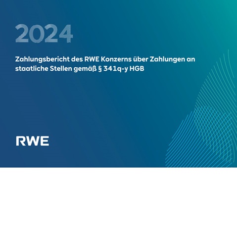 Zahlungsbericht des RWE Konzerns für 2024 über Zahlungen an staatliche Stellen gemäß § 341q-y HGB, mit blauem Farbverlauf und Logo.
