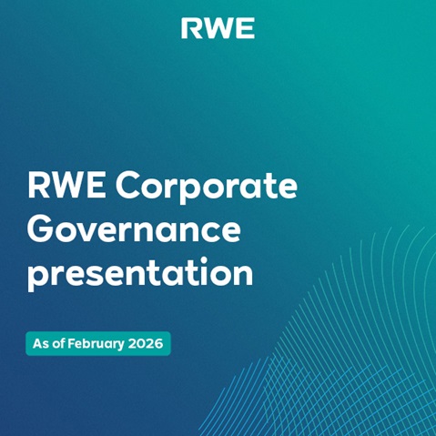 RWE Corporate Governance Präsentation, Stand Februar 2026, in modernem Design mit blauer Farbpalette.