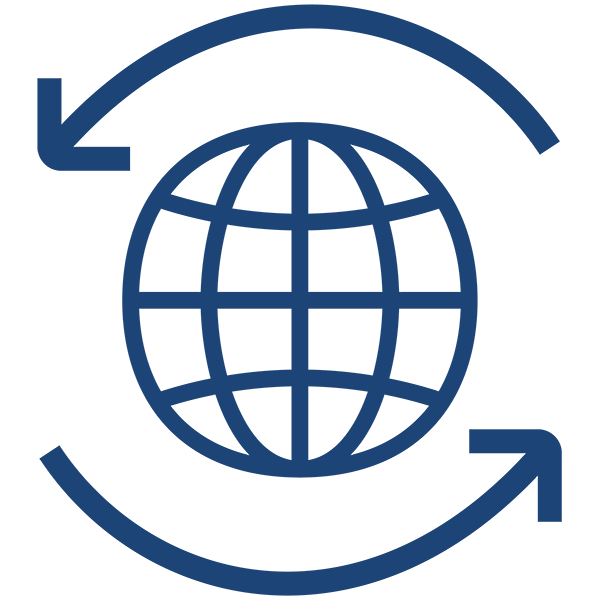 A simple blue icon of a globe with two arrows indicating a rotation.