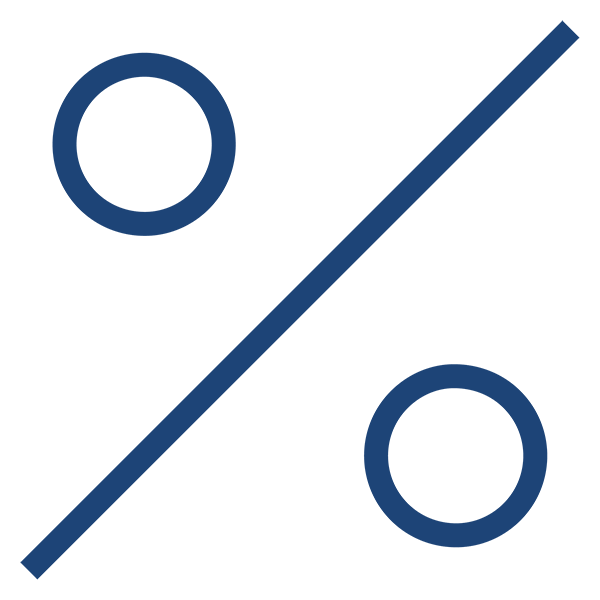 A simple percentage sign with two circles, blue on a white background.