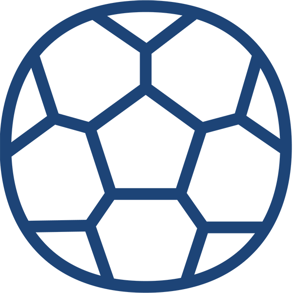 A blue football graphic featuring a classic pattern of hexagons and pentagons.