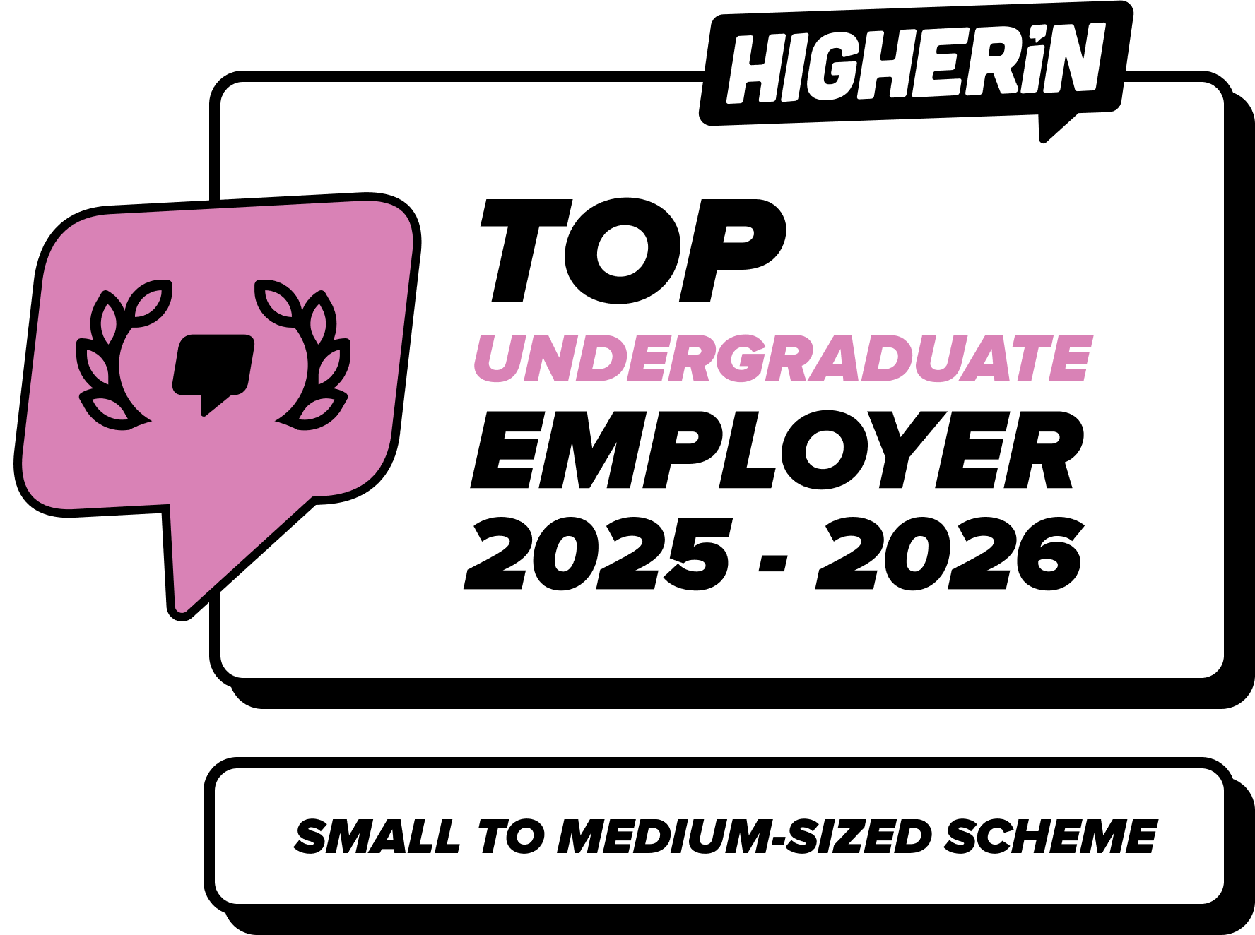 A badge stating 'Top Undergraduate Employer 2025 - 2026' within a pink speech bubble design.