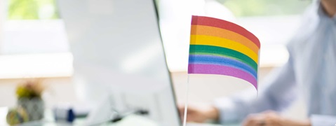 A small rainbow flag stands on a desk, with a blurred person and a screen visible in the background.