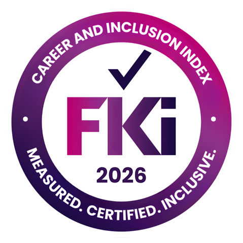 Rundes violett-rosa Emblem mit der Aufschrift Career and Inclusion Index, dem FKi-Logo mit Häkchen und der Jahreszahl 2026.