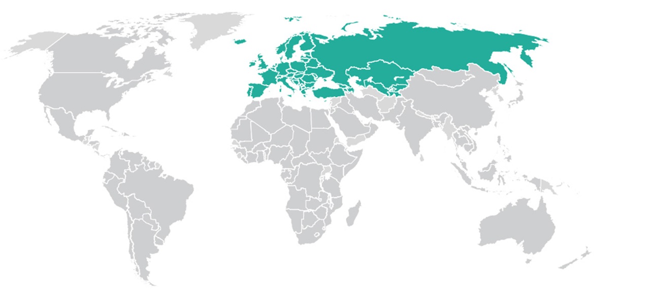 World map highlighting Europe and Asia in teal.