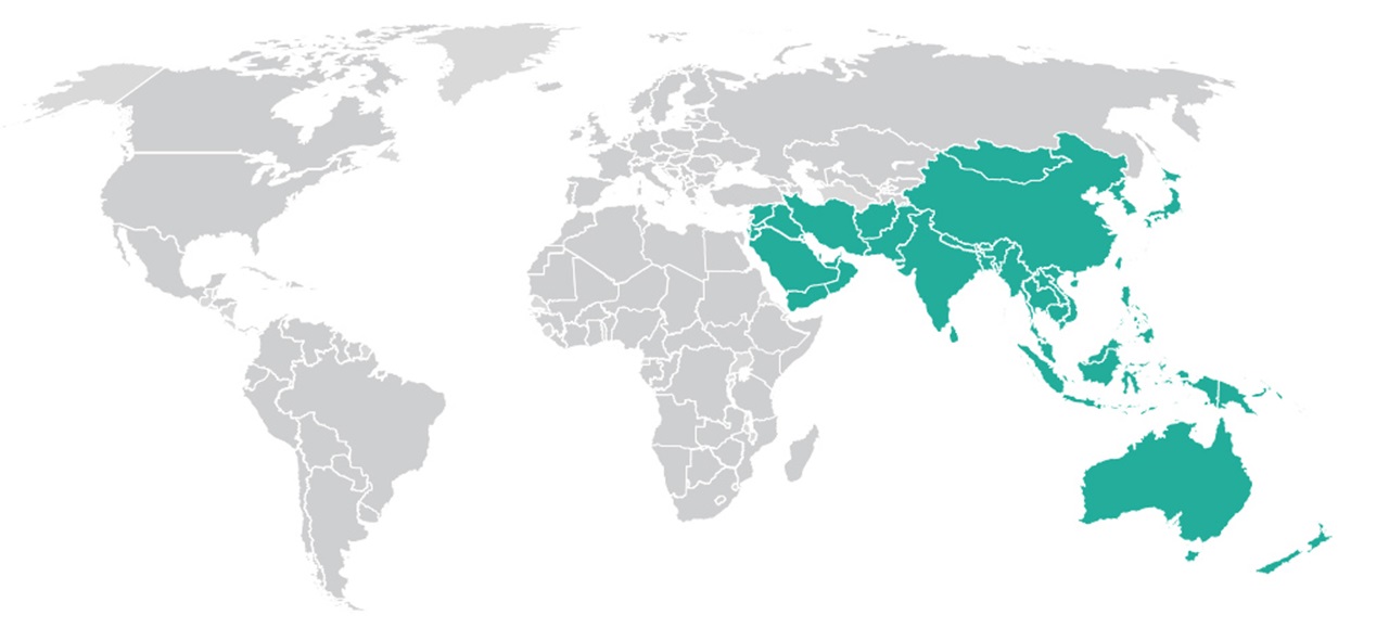 A world map highlighting Asia and Oceania in green. The rest of the map is in grey.