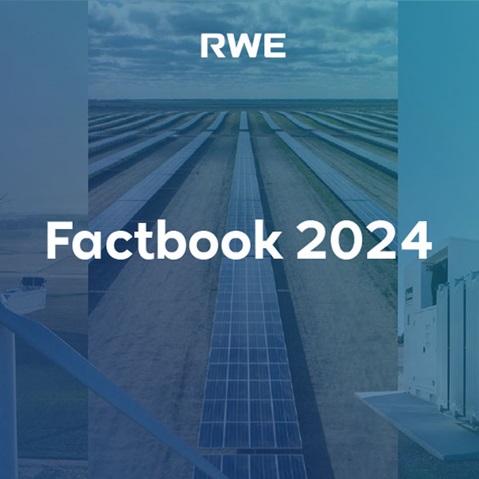 The image features solar panels in a field with the text 'Factbook 2024' and the RWE logo.