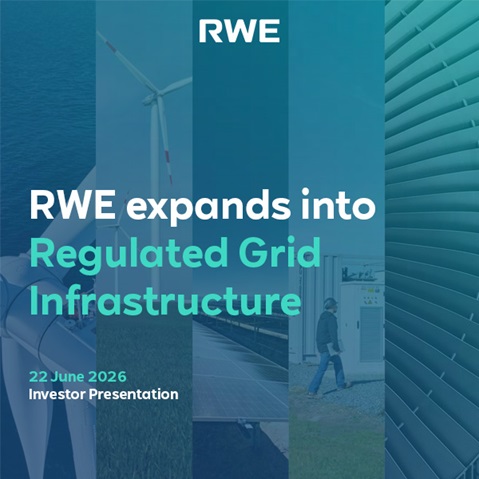 Eine blau-grüne Unternehmensfolie mit vertikalen Fotos erneuerbarer Energien und der Überschrift „RWE expands into Regulated Grid Infrastructure“.
