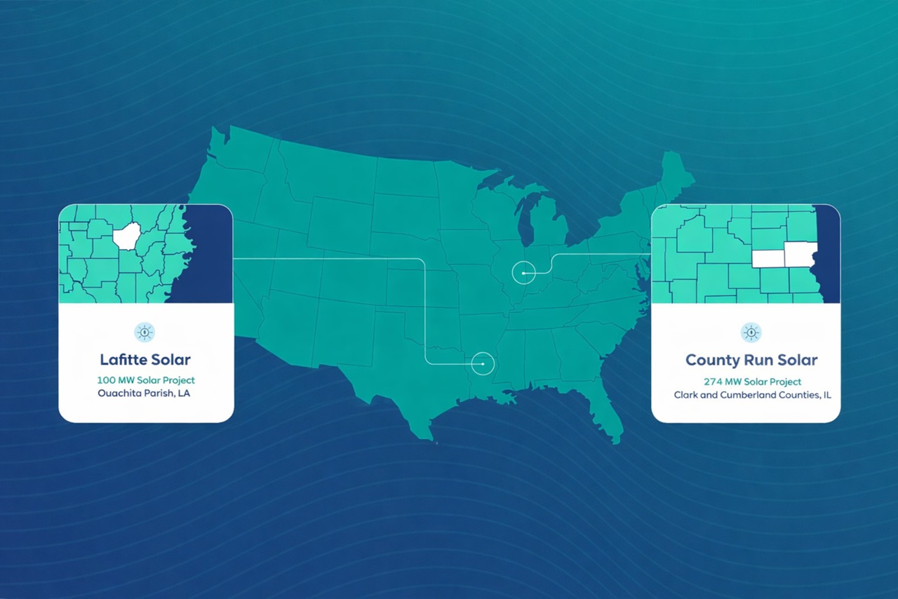 Map of the USA featuring two solar projects: Lafitte Solar in Louisiana and County Run Solar in Illinois.