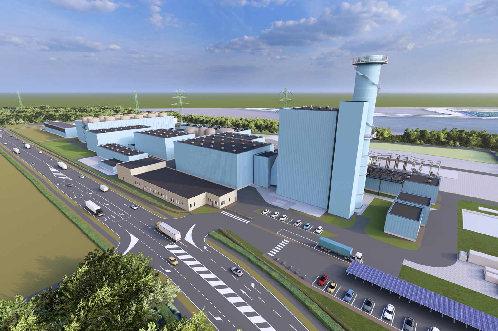 Eine moderne Industrieanlage mit blauen Gebäuden, Lastwagen auf der Straße und einem klaren Himmel im Hintergrund.