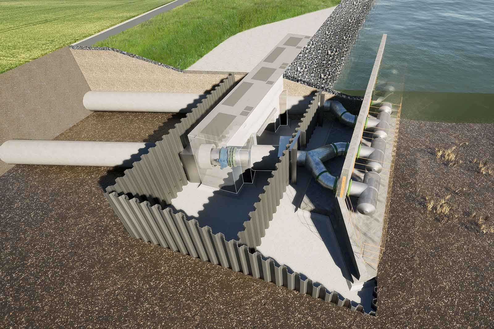 Schnittdarstellung einer Flussentnahmeanlage mit zwei großen Betonrohren, gestuften Spundwänden, gebogenen Zulaufleitungen und Unterwasseransaugöffnungen.