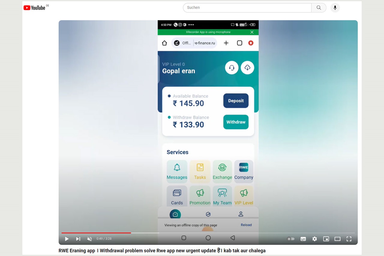 Screenshot of a finance app displaying user balances and options to deposit or withdraw money.