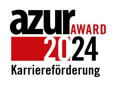 Logo des azur-Awards 2024, der die Karriereförderung unterstützt, mit fetter Schrift und einem rot-schwarzen Farbschema.