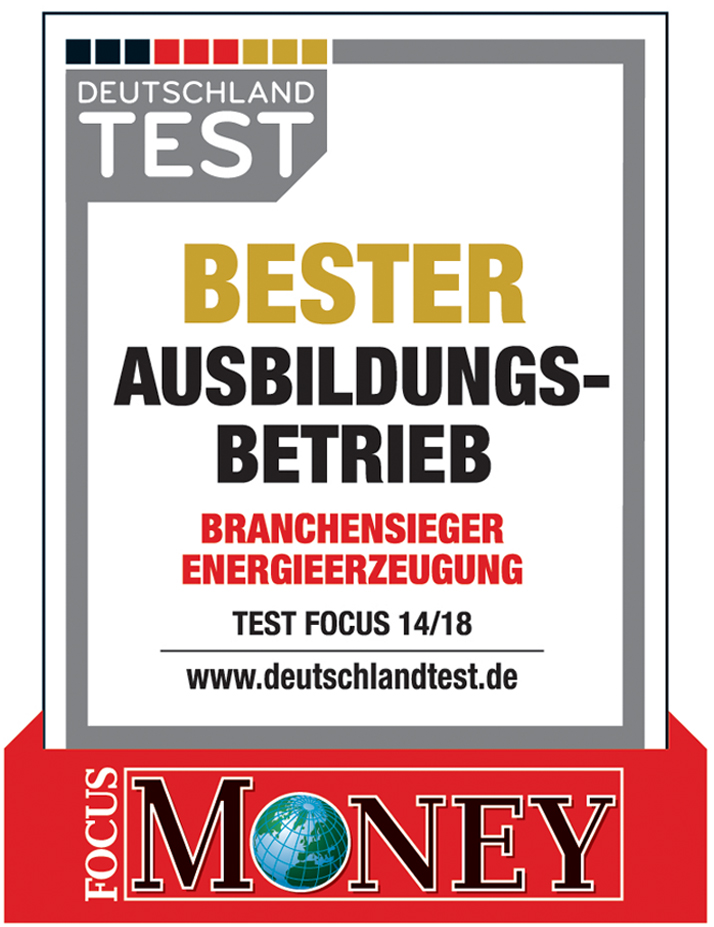 Auszeichnung für den besten Ausbildungsbetrieb in der Energieerzeugung. Test Focus 14/18. Webseite: www.deutschlandtest.de.