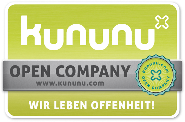 Eine Auszeichnung von kununu mit der Aufschrift 'OPEN COMPANY' und dem Slogan 'WIR LEBEN OFFENHEIT!