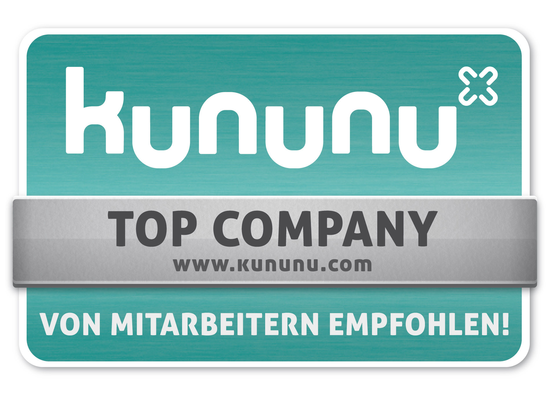 Ein Badge von kununu, das 'TOP COMPANY' zeigt, mit der Website www.kununu.com und dem Hinweis 'VON MITARBEITERN EMPFOHLEN!