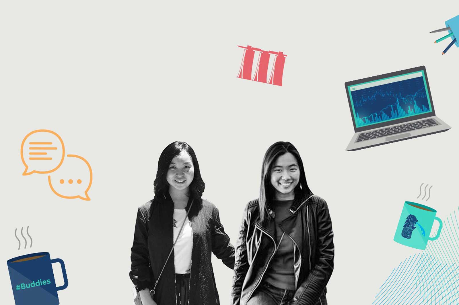 Two women stand side by side. Graphics and symbols surround them, including mugs, speech bubbles, and a laptop.