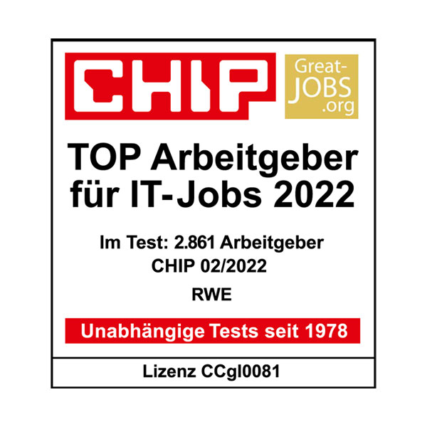 CHIP Top Arbeitgeber für IT-Jobs 2022 Auszeichnung, die RWE's Exzellenz unter 2.861 Arbeitgebern hervorhebt.