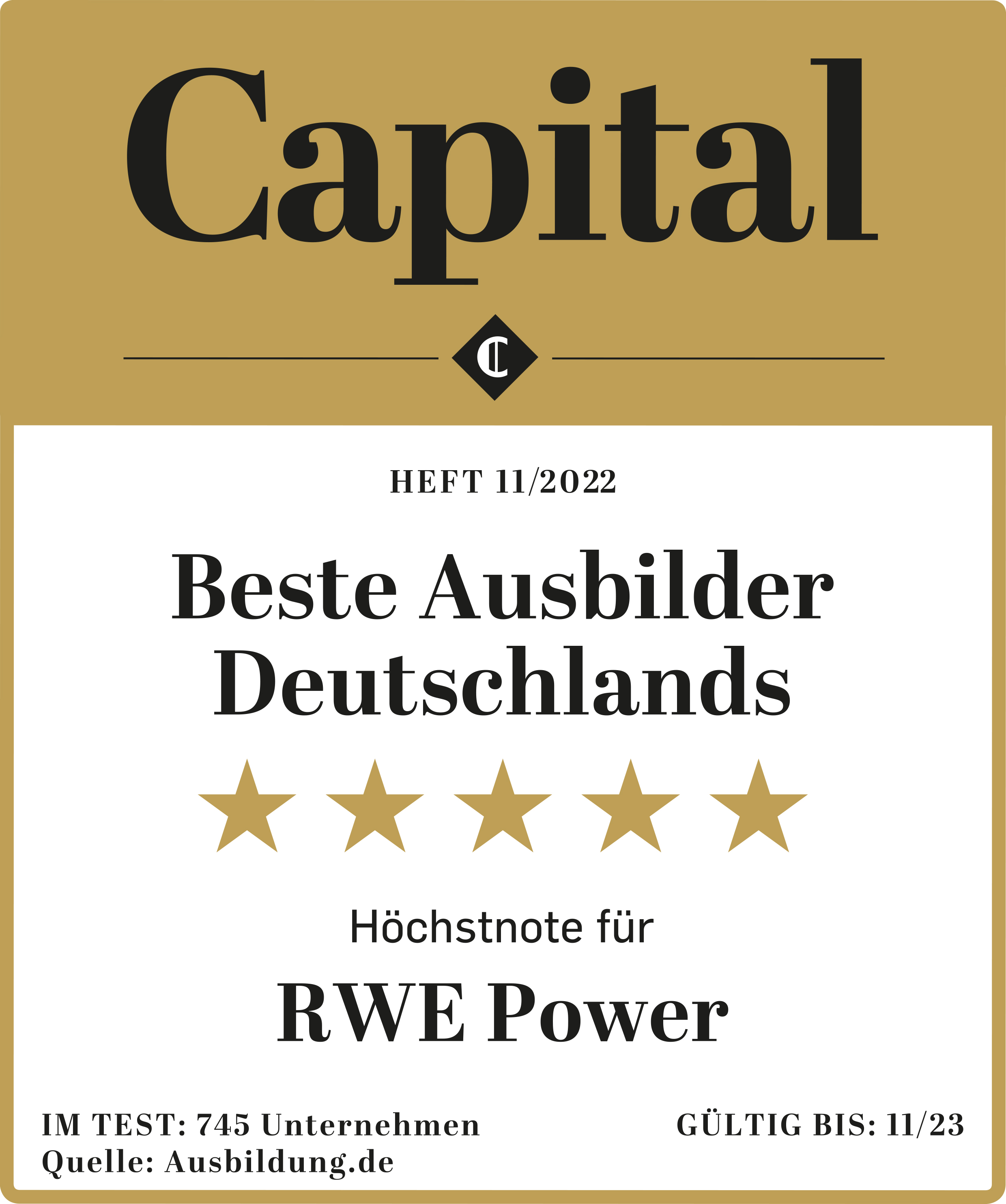 Auszeichnung für die besten Ausbilder Deutschlands im Heft 11/2022, ausgezeichnet mit fünf Sternen für RWE Power.