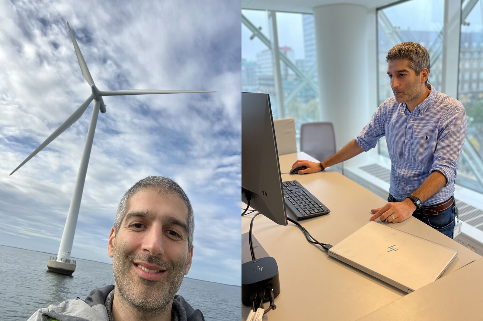 A wind turbine over water under a cloudy sky and a person at a desk with a laptop.